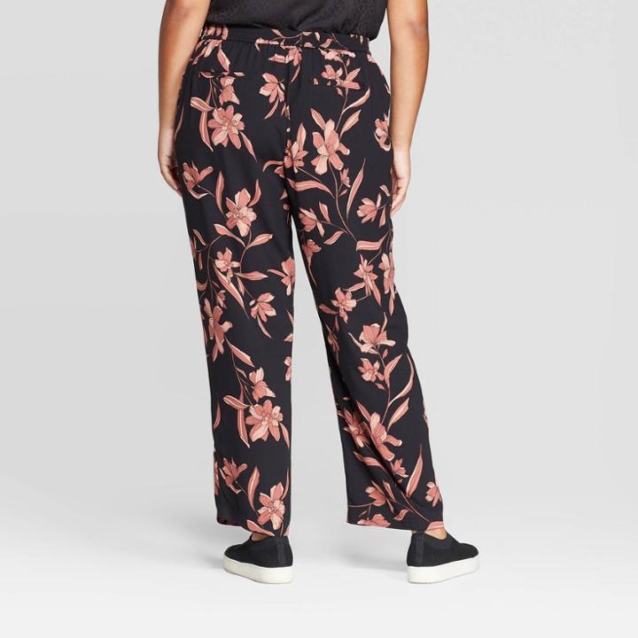 Women's Plus Size Floral Print Mid-rise Straight Fit Pants - Ava & Viv Black 2x, Women's,
