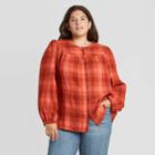 Women's Plus Size Plaid Puff Long Sleeve Button-front Blouse - Universal Thread Red