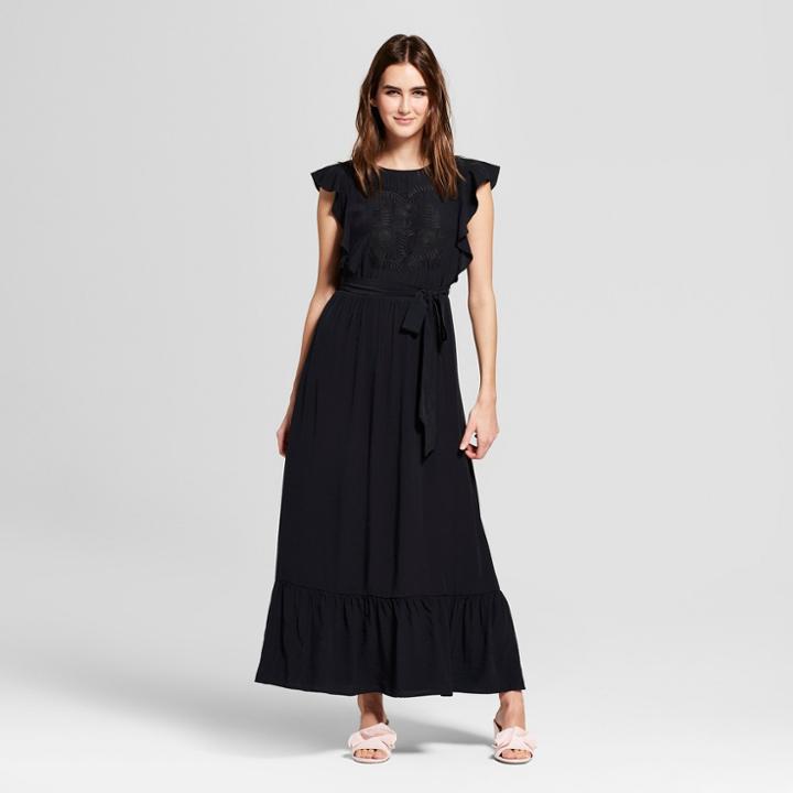 Women's Belted Embroidery Midi Dress- Who What Wear Black