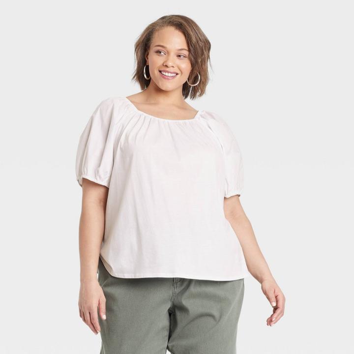 Women's Plus Size Puff Short Sleeve Tie-back Top - A New Day White