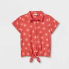 Girls' Button-down Tie-front Short Sleeve Woven Shirt - Cat & Jack Medium Coral