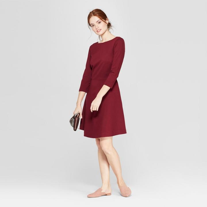 Women's 3/4 Sleeve Fit & Flare Ponte Dress - A New Day Burgundy (red)
