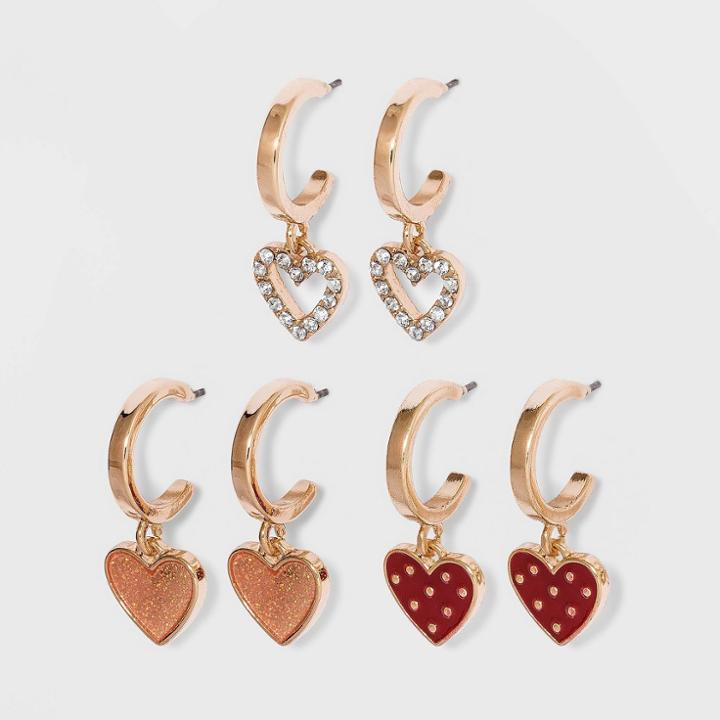 Girls' 3pk Heart Huggies Earrings - Art Class Gold