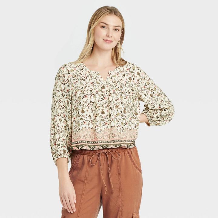 Women's Floral Print 3/4 Sleeve Top - Knox Rose Ivory
