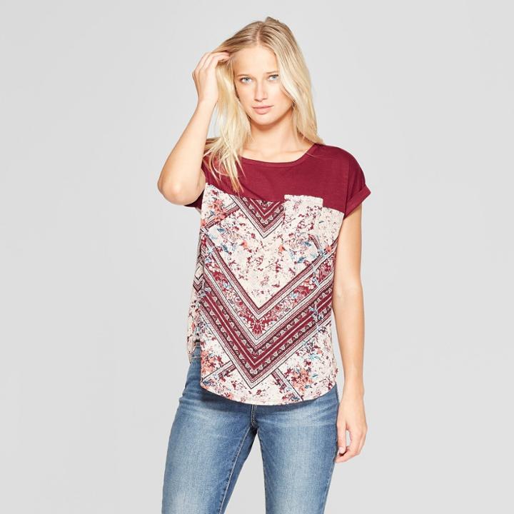 Women's Short Sleeve Printed Woven Top - Xhilaration Burgundy (red)