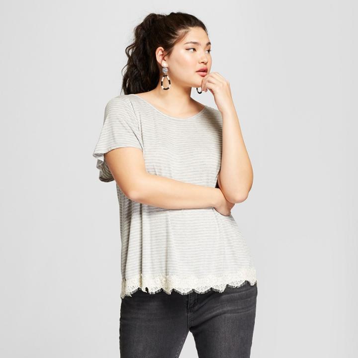 Women's Plus Size Striped Short Sleeve Cross Back T-shirt - Xhilaration Heather Gray/white