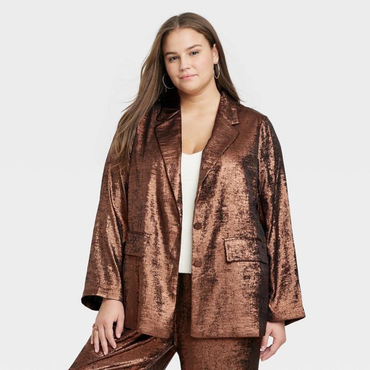 Women's Plus Size Metallic Blazer - A New Day Copper