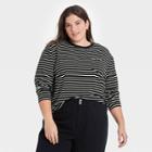 Women's Plus Size Striped Slim Fit Long Sleeve Round Neck Pocket T-shirt - A New Day Black