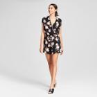 Women's Floral Short Sleeve Wrap Front Romper - K By Kersh Black/pink