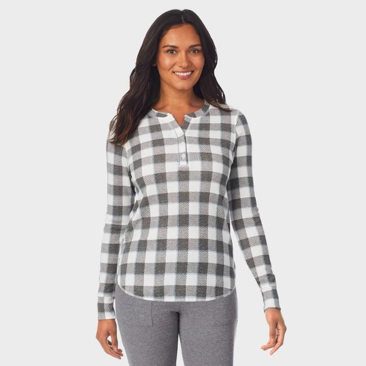 Warm Essentials By Cuddl Duds Women's Waffle Thermal Henley - Gray/buffalo Check
