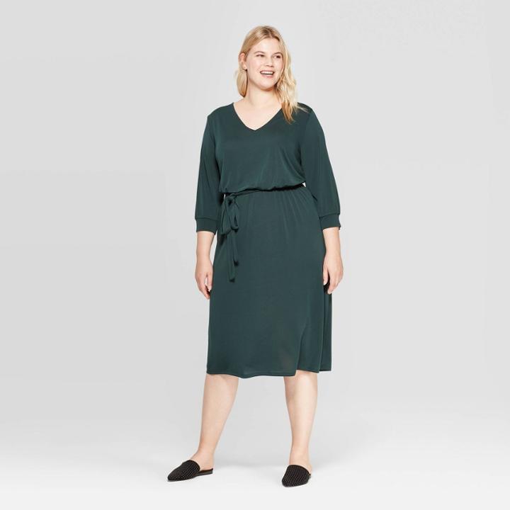 Women's Plus Size 3/4 Sleeve V-neck Sandwash Knit Dress - Ava & Viv Dark Green X