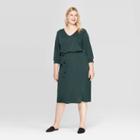 Women's Plus Size 3/4 Sleeve V-neck Sandwash Knit Dress - Ava & Viv Dark Green X