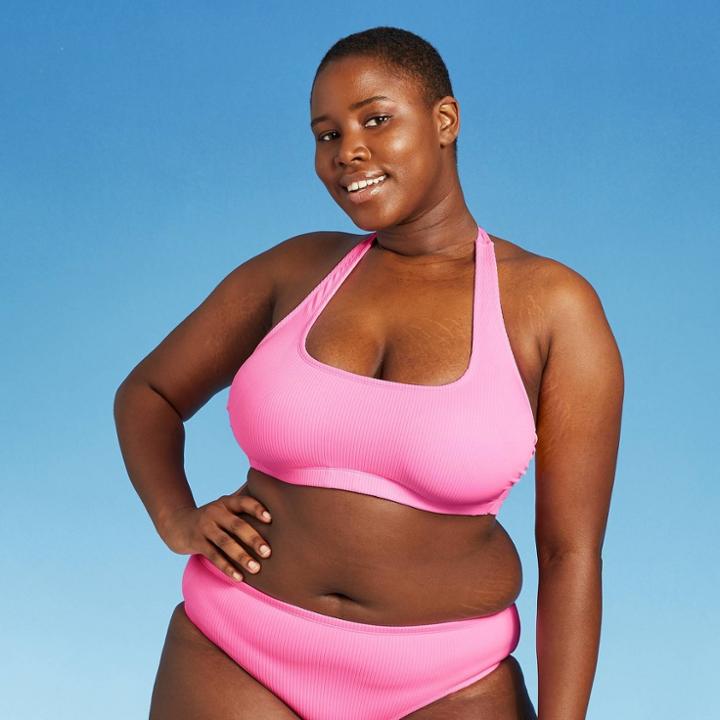 Juniors' Plus Size Ribbed Halter Bikini Top - Xhilaration Pink