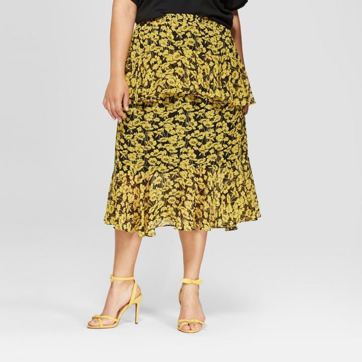 Women's Plus Size Floral Print Tiered Ruffle Skirt - Who What Wear Yellow 1x, Yellow Floral