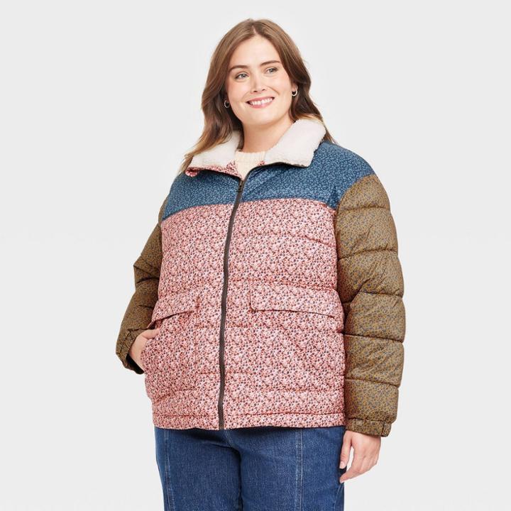 Women's Plus Size Puffer Jacket - Universal Thread Orange Floral