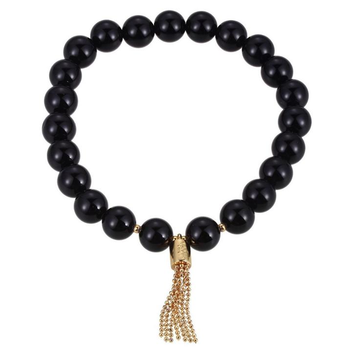 Prime Art & Jewel Genuine Black Agate With 18k Gold Over Fine Silver Plated Bronze Tassel Beaded Stretch Bracelet