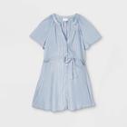 Maternity Striped Short Sleeve Button-down With Tie Waist Woven Popover Top - Isabel Maternity By Ingrid & Isabel Blue/white