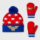 Toddler Girls' Dc Comics Wonder Woman Beanie And Mitten Set - Blue