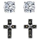 Target Silver Plated Marcasite And Cubic Zirconia Cross Stud Duo Earring - 9.5mm, Women's, Silver/metallic