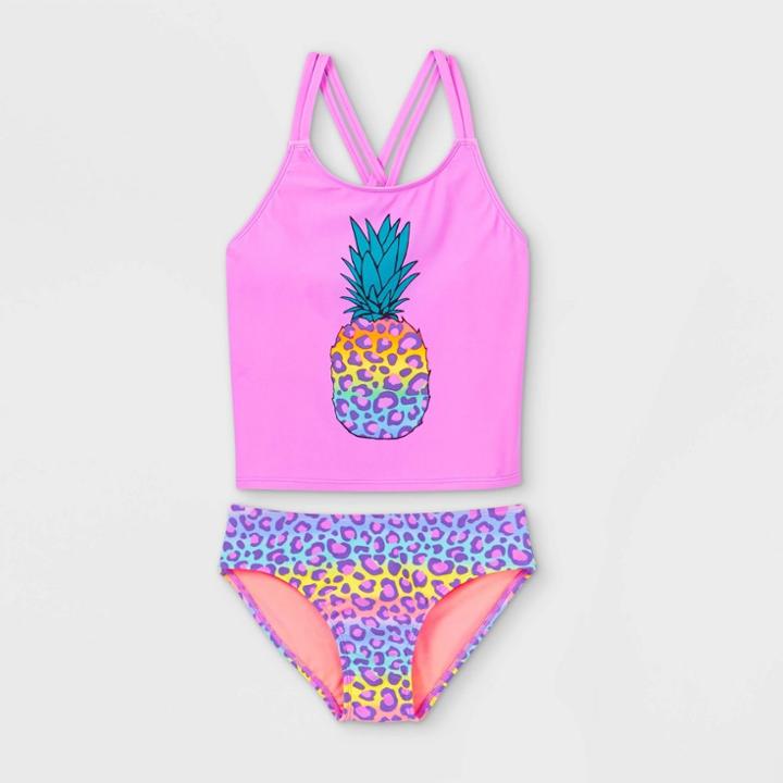 Girls' Rainbow Leopard Pineapple Print Tankini Set - Cat & Jack Violet