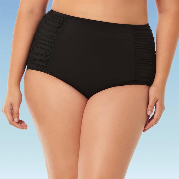 Women's Plus Size Slimming Control Ruched Side High Waist Bikini Swim Bottom - Beach Betty By Miracle Brands Black 1x, Women's,