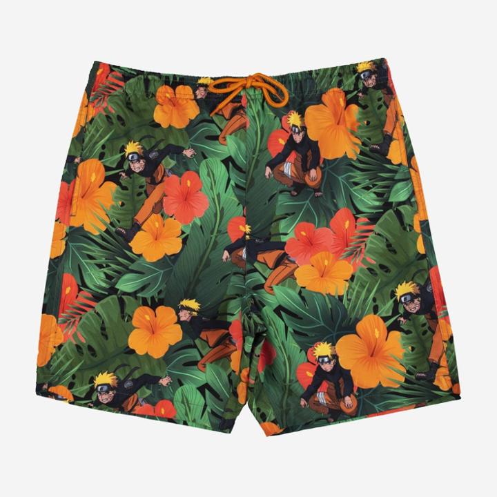 Men's 7 Naruto Elastic Waist Swim Shorts - Green/yellow