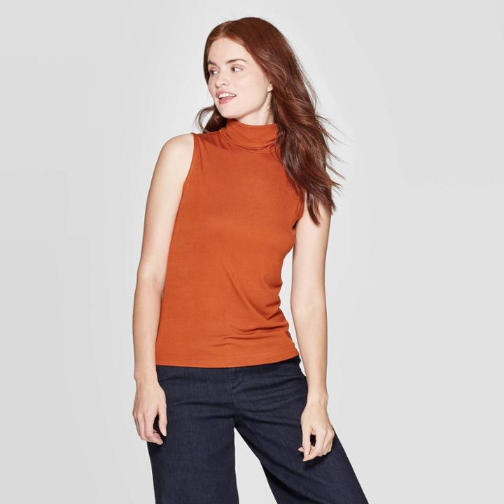 Women's Slim Fit Sleeveless Turtleneck Sweatshirt - A New Day Rust (red)