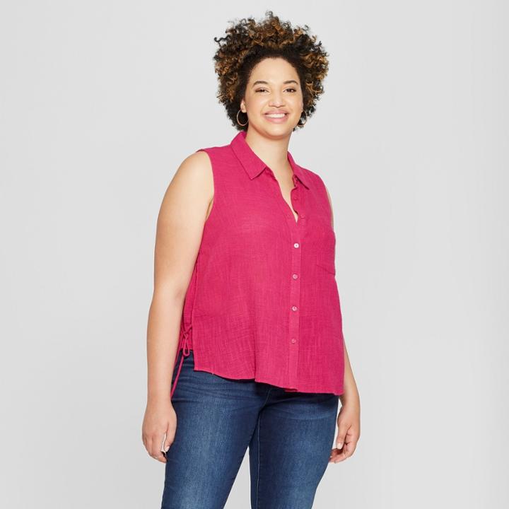 Women's Plus Size Side Tie Button Front Tank - Universal Thread Pink X