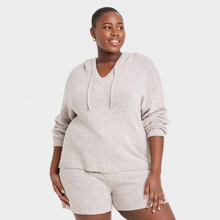 Women's Plus Size Hooded Pullover Sweater - Universal Thread Beige