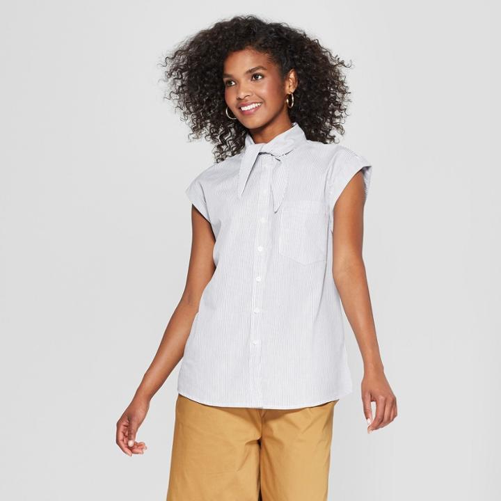 Women's Striped Boxy Tie Neck Shirt - Who What Wear Black/white L, Black/white