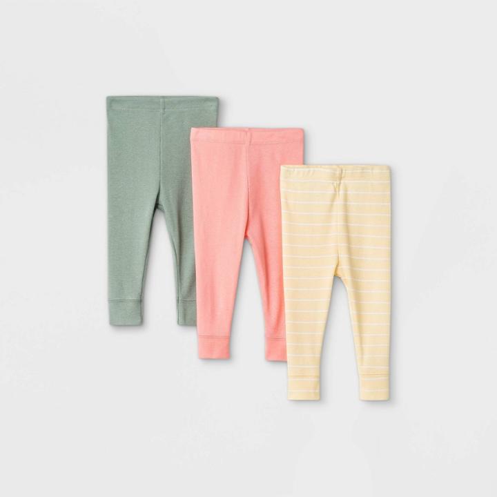 Baby Girls' 3pk Solid And Striped Pull-on Pants - Cloud Island Yellow/pink/green