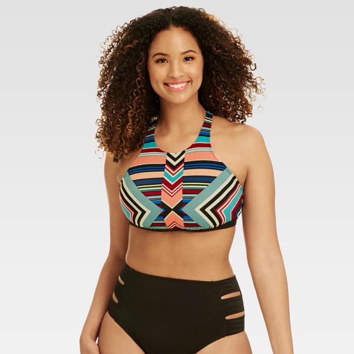 Beach Betty By Miracle Brands Women's Striped Sliming Control Deco Print High Neck Bikini Top - S,