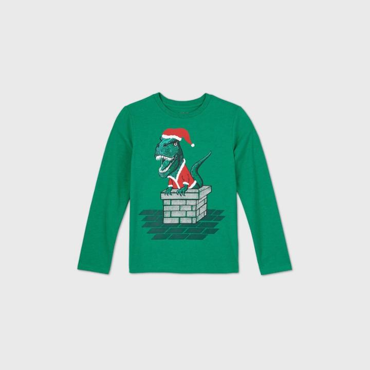 Boys' Long Sleeve Christmas Dinosaur Graphic T-shirt - Cat & Jack Green