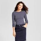 Women's Striped Fitted Long Sleeve Crew T-shirt - A New Day Navy/white