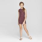 Girls' High Neck Lace Trim Romper - Art Class Burgundy