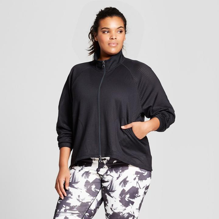 Plus Size Women's Plus Laser Cut Mesh Bomber Jacket - Joylab Black