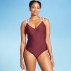 Women's Double Strap Laser Cut Back One Piece Swimsuit - All In Motion Burgundy