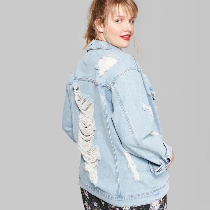 Women's Plus Size Destructed Trucker Denim Jacket - Wild Fable Medium Wash