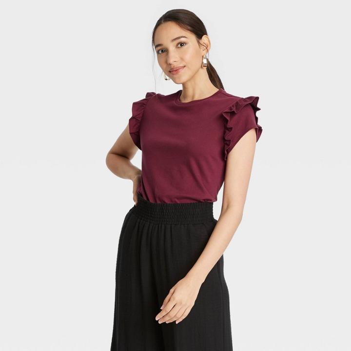Women's Flutter Short Sleeve Ruffle T-shirt - A New Day Burgundy