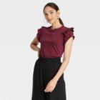 Women's Flutter Short Sleeve Ruffle T-shirt - A New Day Burgundy