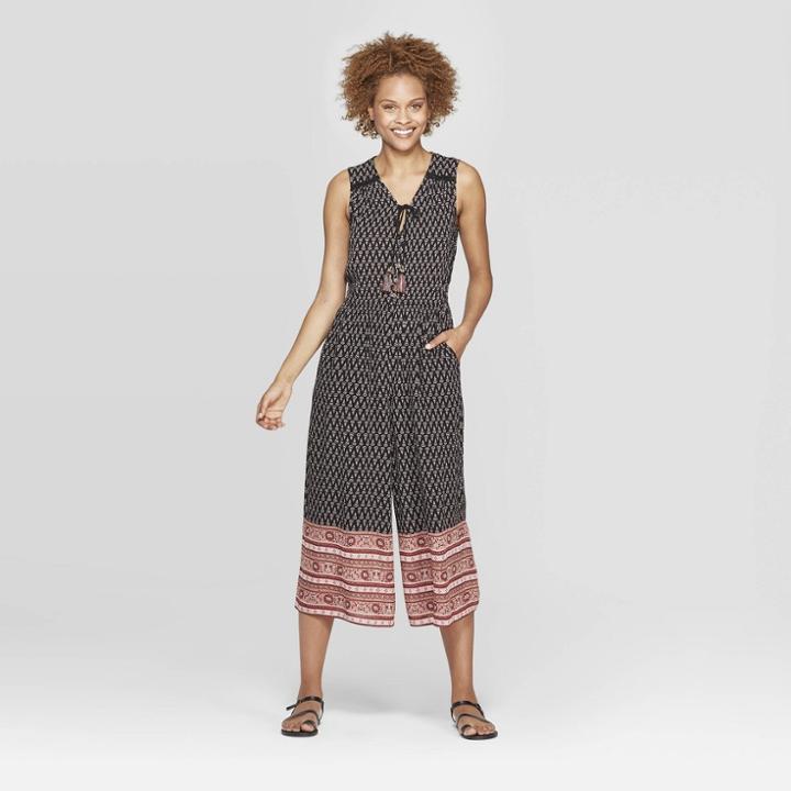 Women's Printed Sleeveless V-neck Front Button-down Jumpsuit - Knox Rose Black