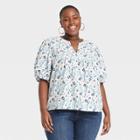 Women's Plus Size Floral Print Puff Elbow Sleeve Blouse - Universal Thread White