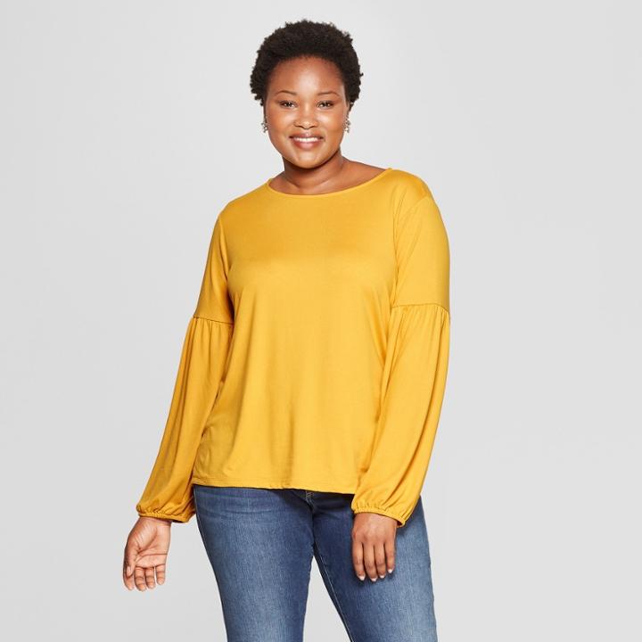 Women's Plus Size Pleated Long Sleeve Knit Top - Ava & Viv Gold X