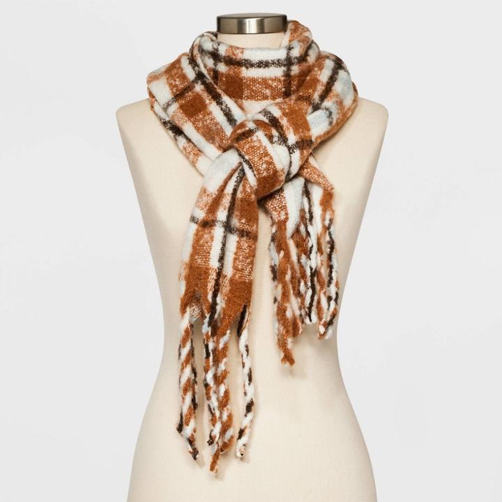 Women's Plaid Blanket Scarf - A New Day Brown/cream