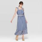 Women's Striped Sleeveless Square Neck Shoulder Tie Column Maxi Dress - Who What Wear White