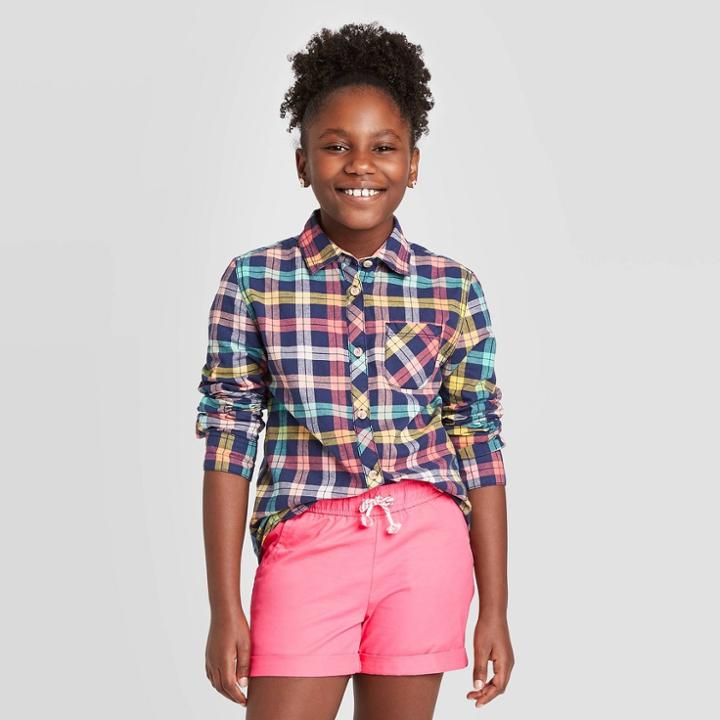 Girls' Long Sleeve Woven Button-down Shirt - Cat & Jack Navy L Plus, Girl's, Size: Large