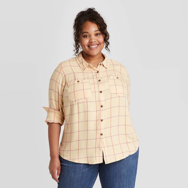 Women's Plus Size Long Sleeve Plaid Button-down Tunic Shirt - Ava & Viv White X