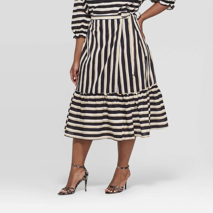 Women's Plus Size Striped Ruffled Hem Tie Waist Midi Skirt - Who What Wear Black/yellow