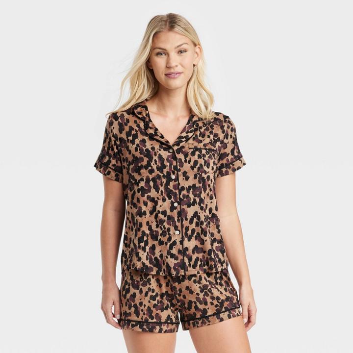 Women's Animal Print Beautifully Soft Short Sleeve Notch Collar Top And Shorts Pajama Set - Stars Above Brown