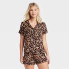 Women's Animal Print Beautifully Soft Short Sleeve Notch Collar Top And Shorts Pajama Set - Stars Above Brown